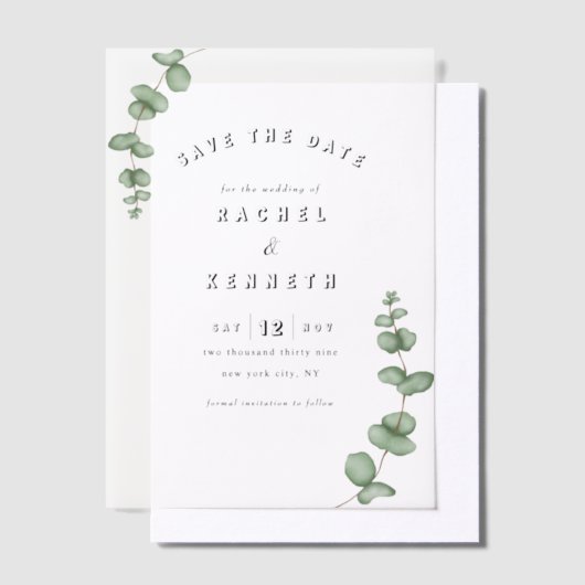 Chique Eucalyptus groen bruiloft Save the Date Vellum Uitnodigingen (Offset)