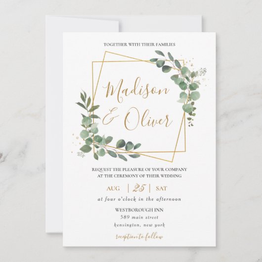 Chique Eucalyptus groen goud geometrische bruiloft Kaart (Voorkant)