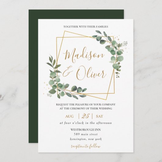 Chique Eucalyptus groen goud geometrische bruiloft Kaart (Voorkant / Achterkant)