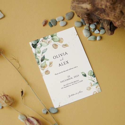 Chique Eucalyptus groen met gouden details bruilof Save The Date
