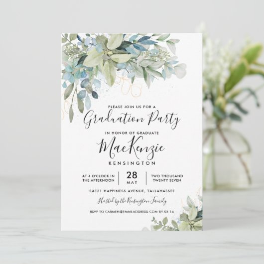 Chique Eucalyptus Groene Afstudeerfeest Kaart (Staand voorkant)