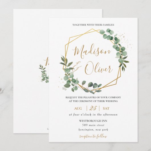 Chique Eucalyptus Groenery Gouden Geometrische Tro Kaart (Voorkant / Achterkant)