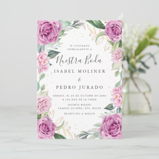 Chique Eucalyptus Paarse Rozen Nuestra Boda Bruilo Kaart (Staand voorkant)