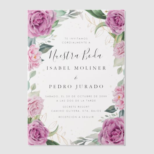 Chique Eucalyptus Paarse Rozen Nuestra Boda Bruilo Vellum Uitnodigingen (Voorkant)