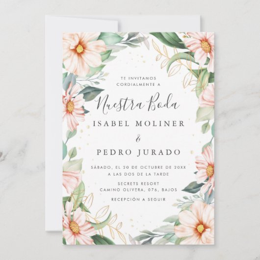 Chique Eucalyptus Perzik Rozen Nuestra Boda Bruilo Kaart (Voorkant)