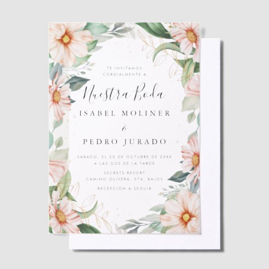 Chique Eucalyptus Perzik Rozen Nuestra Boda Bruilo Vellum Uitnodigingen (Offset)