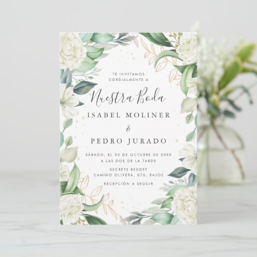 Chique eucalyptus witte rozen nuestra boda bruilof kaart (Staand voorkant)