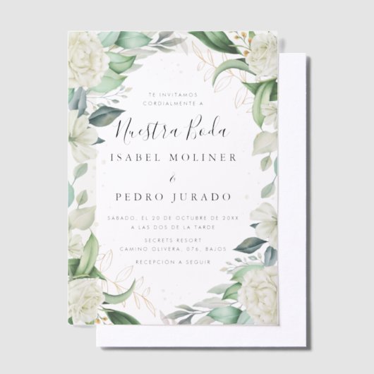 Chique eucalyptus witte rozen nuestra boda bruilof vellum uitnodigingen (Offset)