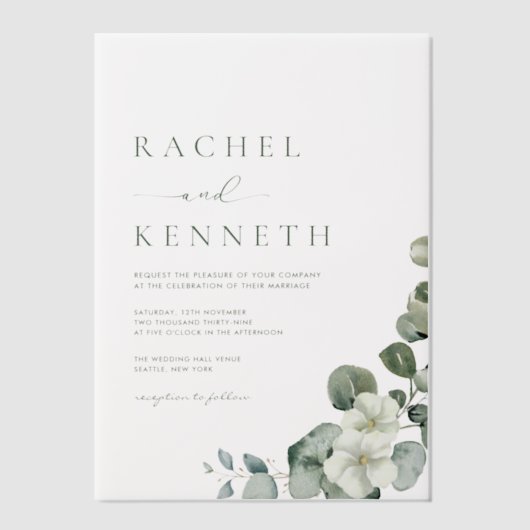 Chique eucalyptusgroen laat minimalistische bruilo vellum uitnodigingen (Voorkant)