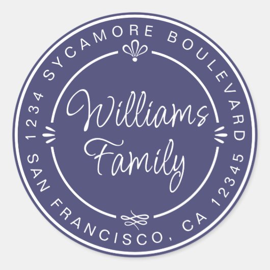 Chique familie monogram retouradres donkerblauw ronde sticker (Voorkant)