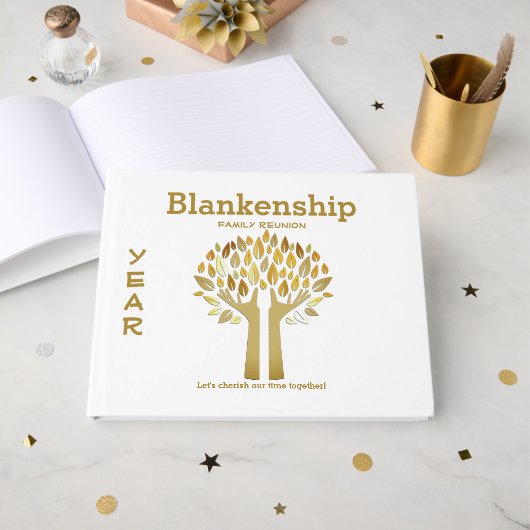 Chique familie reünie handen omhoog boom bladeren  gastenboek (Voorkant open)