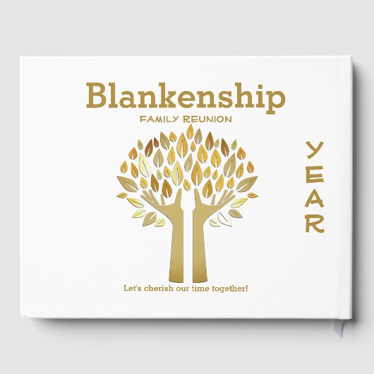 Chique familie reünie handen omhoog boom bladeren  gastenboek (Achterkant)