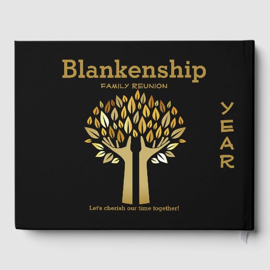 Chique familie reünie handen omhoog boom bladeren  gastenboek (Achterkant)