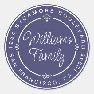 Chique familiemonogram retouradres donkerblauw ronde sticker