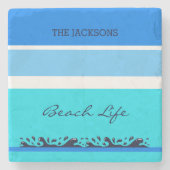 Chique familienaam Blue Stripes Ocean Beach House Stenen Onderzetter (Voorkant)