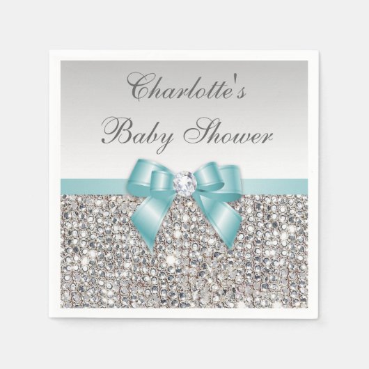 Chique Faux Blauwgroen Bow Silver Sequins Baby sho Servetten (Voorkant)