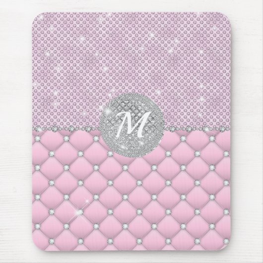 Chique Faux Crystal Roze Zilver Diamant Monogram Muismat (Voorkant)