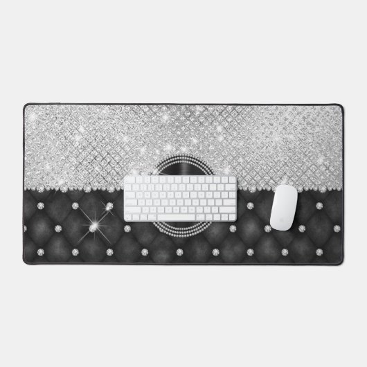 Chique Faux Crystal Zilver Zwart Diamant Monogram Bureaumat (Keyboard & Muis)