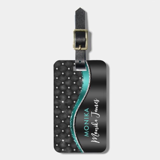Chique faux geborsteld metaal zwart Blauwgroen mon Bagagelabel (Voorkant verticaal)