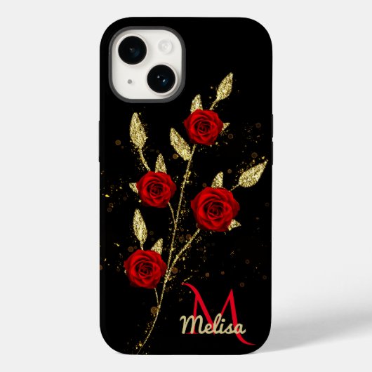 Chique faux Gold Glitter Leaves Red Rose monogram  Case-Mate iPhone Case (Achterkant)