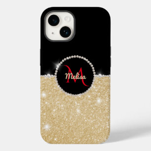 Chique faux Gold Glitter Zwart & Parel Monogram Case-Mate iPhone 14 Hoesje