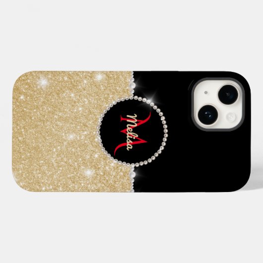 Chique faux Gold Glitter Zwart & Parel Monogram Case-Mate iPhone Case (Achterkant (horizontaal))