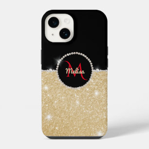 Chique faux Gold Glitter Zwart & Parel Monogram iPhone 14 Hoesje