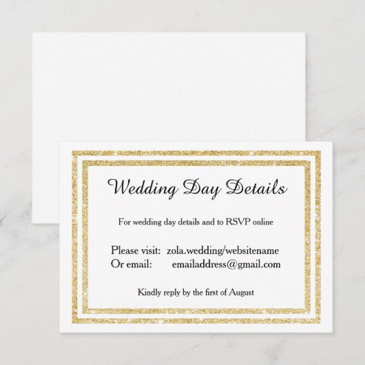 Chique Faux Gold Glitterde Trim - Trouwdag Details RSVP Kaartje (Voorkant / Achterkant)