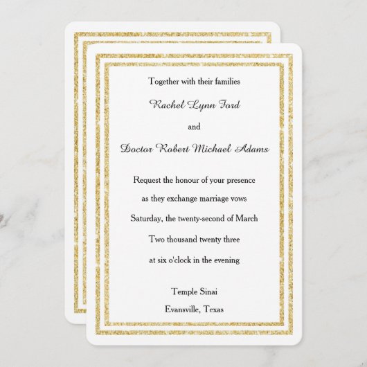 Chique Faux Gold Glittered Trim - 5x7 bruiloft uit Kaart (Voorkant / Achterkant)