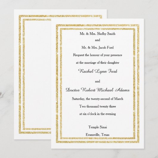 Chique Faux Gold Glittered Trim - 5x7 bruiloft uit Kaart (Voorkant / Achterkant)
