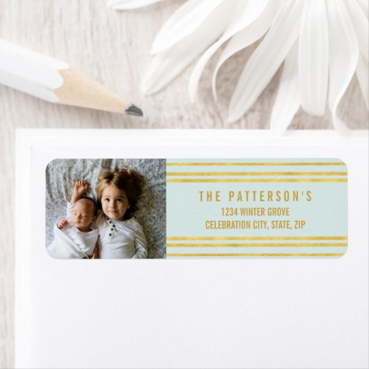 Chique Faux Gouden folie Strepen Lichtblauw Foto Etiket (Insitu)