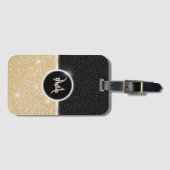 Chique faux gouden glitter zwart leer monogram bagagelabel (Voorkant (horizontaal))