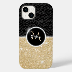 Chique faux gouden glitter zwart leer monogram Case-Mate iPhone 14 hoesje