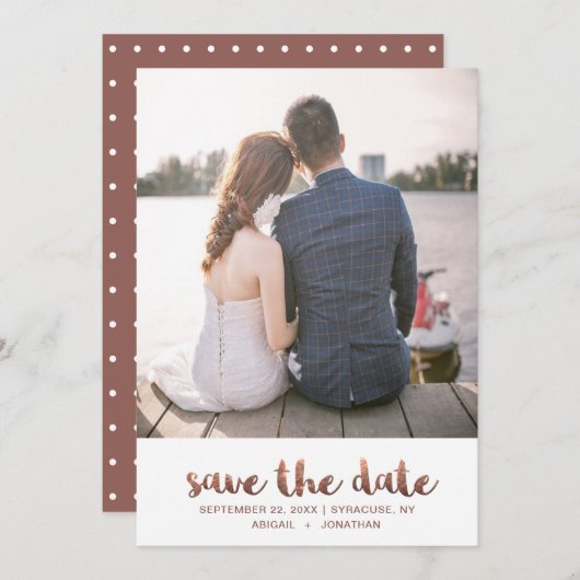 Chique Faux koperen Roos Script met Stippen Foto Save The Date (Voorkant / Achterkant)