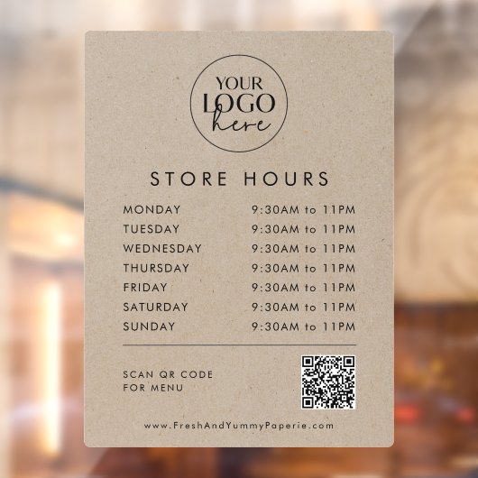 Chique Faux Kraft Business Logo QR Code Store Uren Raamsticker (Vel 2)