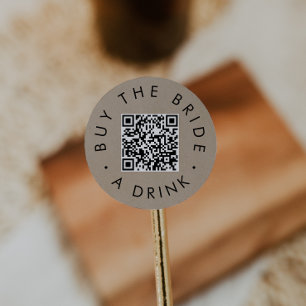 Chique Faux Kraft Koop Bruid Een Drink QR Code Cir Ronde Sticker