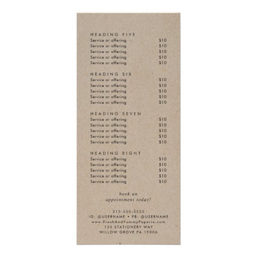 Chique Faux Kraft Logo Zakelijke prijslijst Reclamekaart (Achterkant)