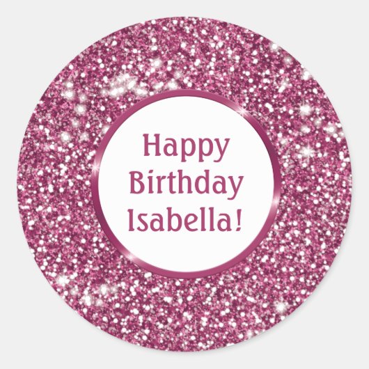 Chique faux roze glitter look aangepaste gelukkige ronde sticker (Voorkant)