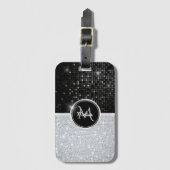 Chique faux zilver glitter zwart glitter monogram bagagelabel (Voorkant (verticaal))