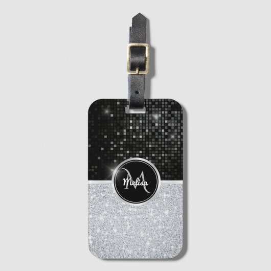 Chique faux zilver glitter zwart glitter monogram bagagelabel (Voorkant (verticaal))