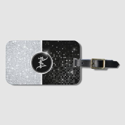 Chique faux zilver glitter zwart glitter monogram bagagelabel (Voorkant (horizontaal))