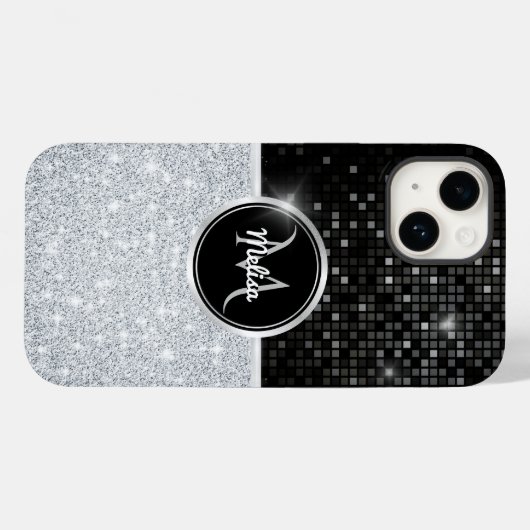 Chique faux zilver glitter zwart glitter monogram Case-Mate iPhone case (Achterkant (horizontaal))