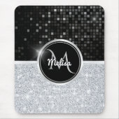 Chique faux zilver glitter zwart glitter monogram muismat (Voorkant)