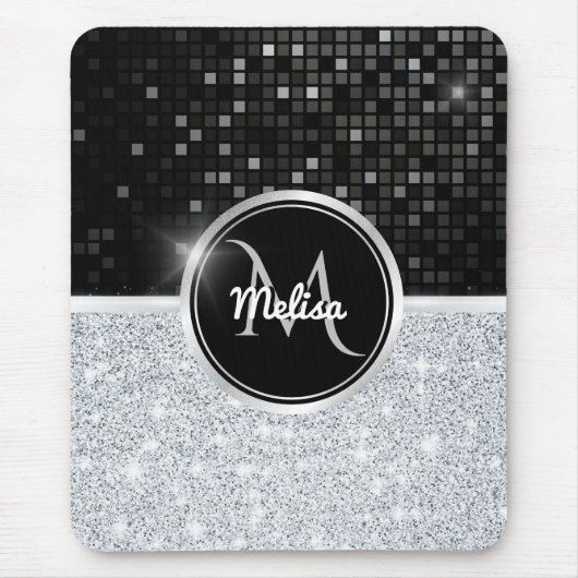 Chique faux zilver glitter zwart glitter monogram muismat (Voorkant)