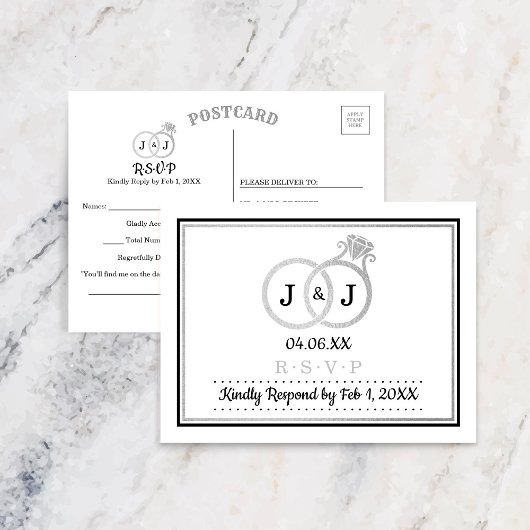 Chique Faux Zilveren Folie Monogram Trouwringen RS Uitnodiging Briefkaart