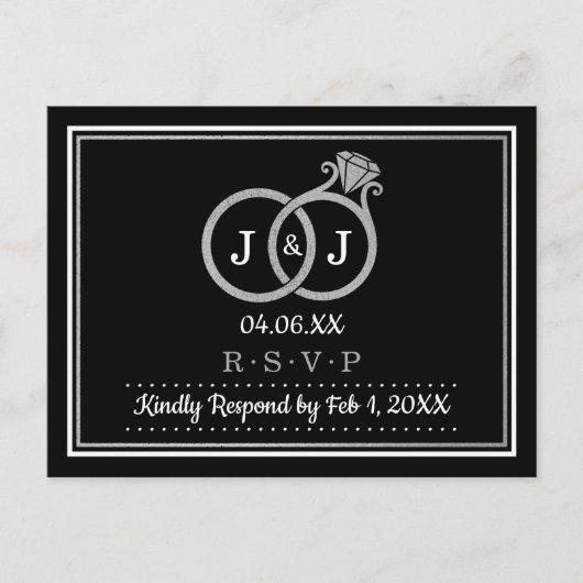 Chique Faux Zilveren Folie Monogram Trouwringen RS Uitnodiging Briefkaart (Voorkant)