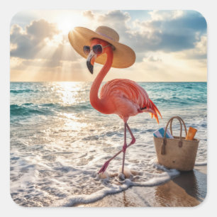 Chique Flamingo met Zonnehoed en Zonnebril Vierkante Sticker