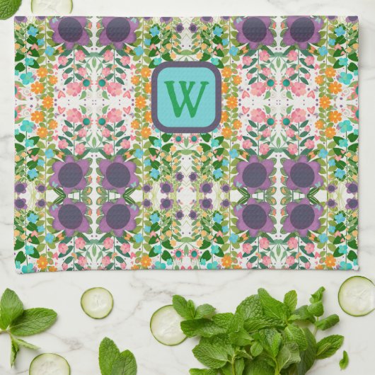 Chique Floral Monogram Initiaal Stijlvol Theedoek (Gevouwen)