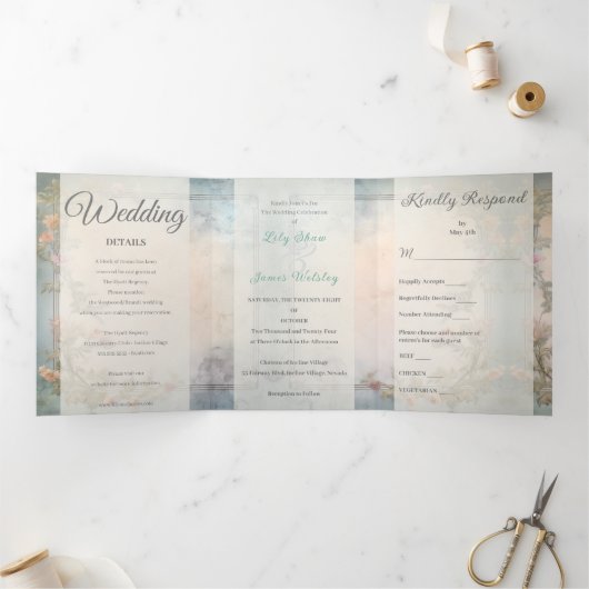 Chique Floral Regency Era Bruiloft Drieluik Uitnodiging (Binnen)