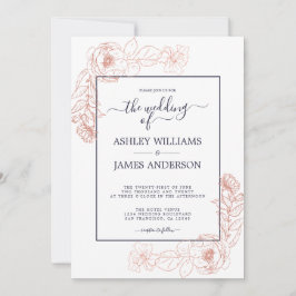 Chique Floral Roze Rose Goud Donkerblauw Bruiloft Kaart